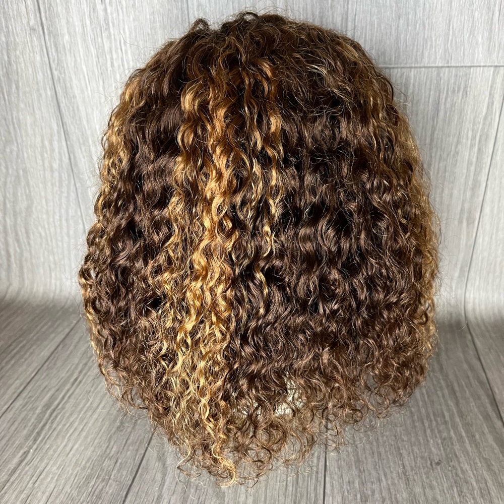 Honey Blonde And Brown Highlighted Curly Human hair Lace Front Wig 12 Inches A9